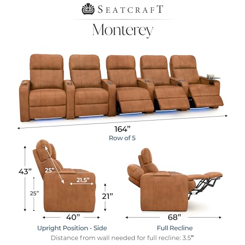 Image of Seatcraft Monterey Home Theater Seating Tawny Row of 5 | Italian Leather, Wall Hugger, Zero Gravity, Powered Headrest, Power Recline, Zero Gap, USB charging