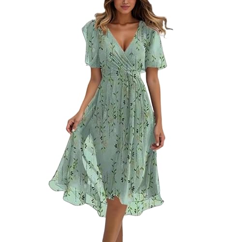 Robe d'été florale pour femme longue robe col en V chic à manches courtes