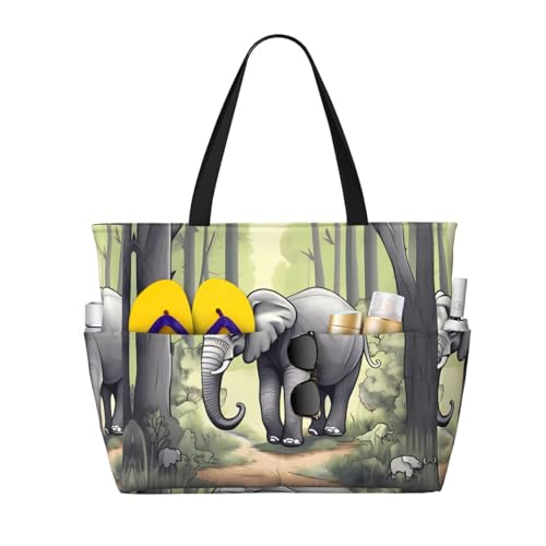 Walking elephant Large Capacity Beach Travel Bag, Foldable Beach Bag with Zipper, Great for Grocery Bag Pool Gym Travel Shopping