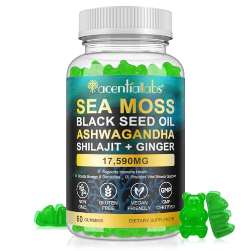 LTQXGT Sea Moss Gummies, Sea Moss 3000mg, Bladderwrack 2000mg, Ashwagandha 800mg, Burdock Root 400mg, Energy, Immune Support, 60 Vegan Gummies