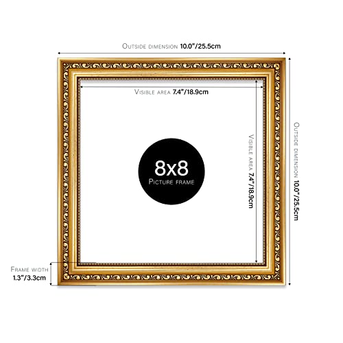 Almost Frameless 8x8 Gold Ornate Picture Frame 8"x8" (20.3x20.3cm) Poster, Photo, Artwork, or Print. Baroque Style Portrait and Landscape Display with Wall Hooks