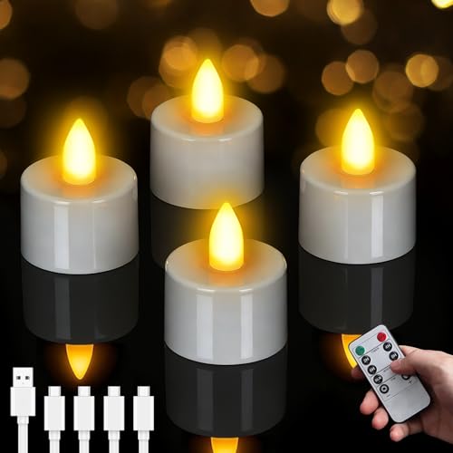 Lepwings 4 Stück LED Teelichter Wiederaufladbar mit Timer & Fernbedienung Flackernde Elektrische Teelichter mit Ladestation 1848 Std Leuchtdauer LED Kerzen für Valentinstag Tischdeko & Party
