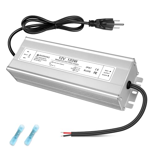 Image of 120W 12V LED Power Supply, IP67 Waterproof LED Driver, AC 110V to DC 12 Volt 10A Low Voltage Transformer Converter for Outdoor LED Strip & Landscape Lighting, 3-Prong Plug with 3.3FT Cable