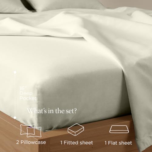 Image of Threadmill 300 Thread Count Cotton Full Sheet Set, Sateen, Solid, Ivory | 100% Cotton, Sateen Weave, 4-Piece Set, 16 inch Deep Pocket, All-Around Elastic, Cooling, Breathable, OEKO-TEX Certified