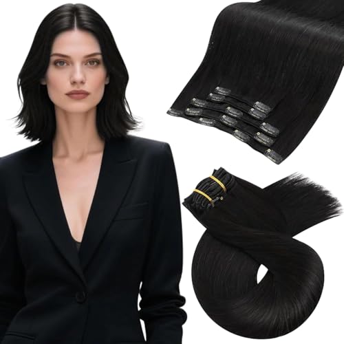 Image of Moresoo Clip in Hair Extensions Natural Black Human Hair Short 10 inch 80g | Real human hair clip ins, sleek natural black, 5pcs, remy straight texture, easy daily styling for short hair