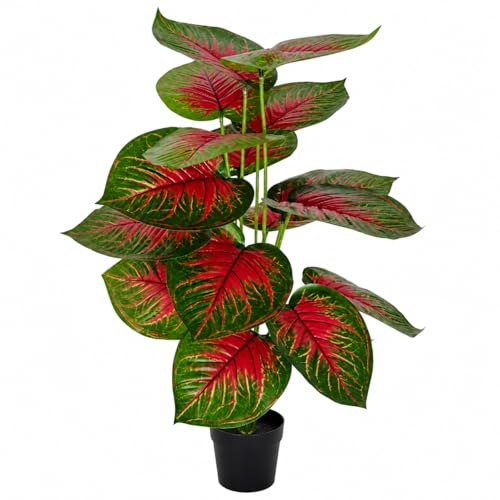 Image of Artificial Red Monstera Plant with Black Pot - 26 Inch (66 cm) Tall Faux Tropical Decorative Plant for Home, Office, Balcony & Living Room Decor