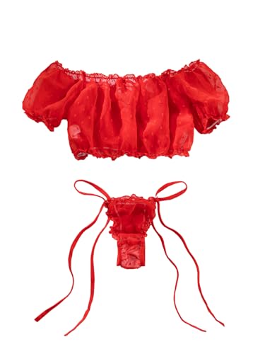 Image of Lilosy Sexy Stretch Ruffle Tie Sheer Mesh Lingerie Set Outfits