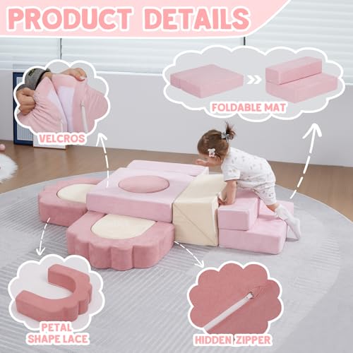 Image of 13-Piece Floral Foam Climbing Blocks for Toddlers,Pink & Beige | Modular Soft Play Gym,Kids Indoor Crawing Climbers & Play Structures for Bedrooms,Livingrooms & Playrooms