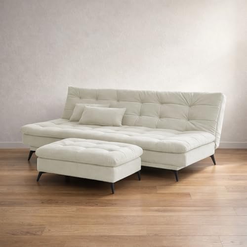 Image of Krancy Solid Wood 3 Seater Sofa Cum Bed with Ottomon | Convertible Wooden Couch for Living Room, Home & Office | Modern Designer Furniture | 1 Year Warranty | Beige Color