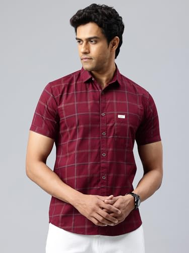 Image of Majestic Man Men Comfort Slim Fit Checked Pure Cotton Half Sleeve Casual Shirt