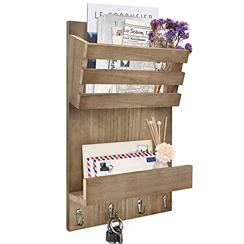 Wooden Key Holder and Mail Organizer for Wall, 2-Slot Mail Organizer Wall Mounted with 4 Key Hooks, Key Hanger for Wall, Mail Sorter Organizer Wall Mounted for Entryway Hallway