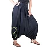 1 seitliche Tasche KUNST UND MAGIE Damen Hippie OM Haremshose Pluderhose Baumwolle Aladinhose, Farbe:Schwarz/Army Green
