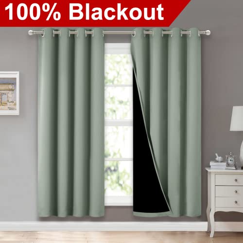 Image of NICETOWN 100% Blackout Window Curtain Panels, Full Light Blocking Drapes with Black Liner for Nursery, 72-inch Drop Thermal Insulated Draperies (Greyish Green, 2 Pieces, 52-inch Wide Per Panel)