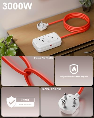 Image of FEDUS Heavy Duty Extension Board 16amp 3000 Watts Heavy Load Capacity Electric Power Extension 2 Socket Cord Strip, 1 Meter Cable for Microwave Oven,EV Charger Charging,Iron Press, Induction Stove,AC