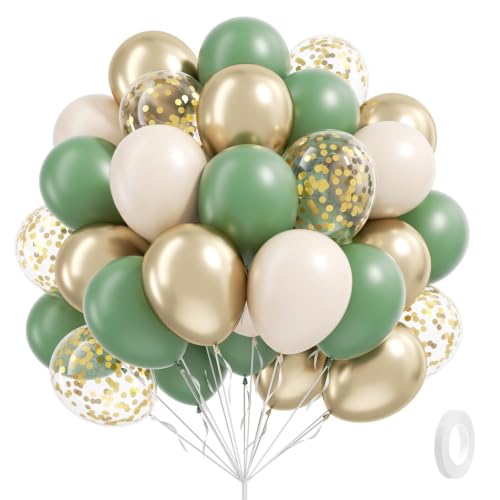 Image of 60pcs 12inch Sage Green Balloons with Sand White Gold Confetti Balloons