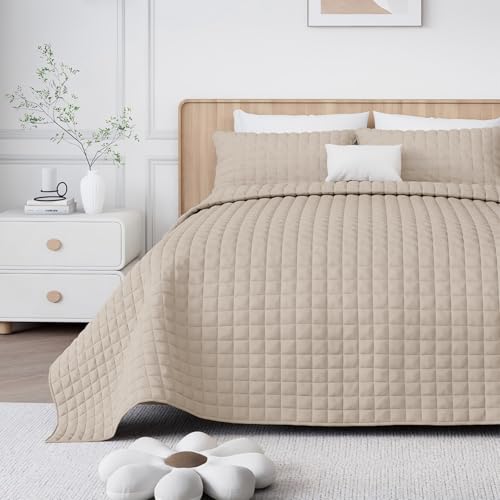 WSOFRLAC Luxury Velvet Quilt Set Queen Size, Comforter Set with Pillow Shams, Soft Lightweight Bedspread Coverlet Bedding Sets for All Seasons, Light Khaki