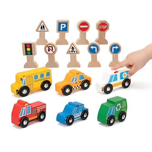 Set de 6 vehículos y 9 señales de tráfico en madera, Juguetes Montessori para niños de 1 año, Juego simbólico educativo, seguro y resistente, Estimula motricidad, imaginación y aprendizaje temprano