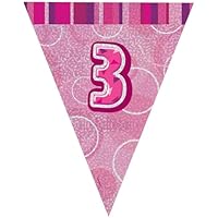 3 x 2.74m(27ft) Age Blue/Pink flags/Pennants Party Decorations Glitter Metallic Triangle Banner Flag Garland Pennant Bunting for Birthday Indoor/Outdoor/Garden Party Supplies (3 x Age 3 Pink)