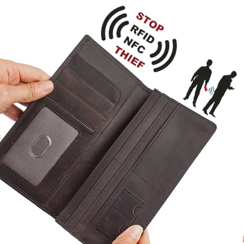 DK86 Skull Long Wallet For Men Full Grain Leather Rfid Blocking Rodeo Wallet Bifold Wallet Skull Wallet, Coffee A3