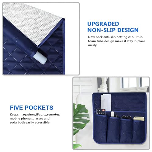 Sofa Armrest Organizer Non-Slip Arm Chair Bedside Caddy Storage Organizer for Recliner Couch with 5 Pockets for Cell Phone TV Remote Control Magazines (BLUE)