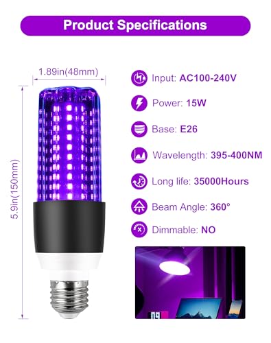 Image of 15W LED Black Light Bulb 120V E26 Base UV 395-400nm UVA Level 2 Pack Black & White Panda Design for Glow in The Dark Body Paint, Party, Halloween, Fluorescent Posters Indoors & Outdoors