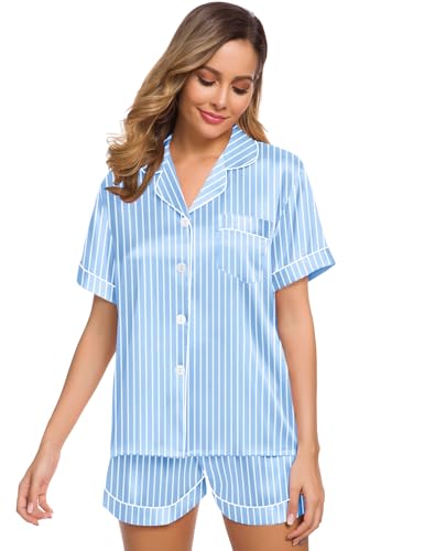 Image of SWOMOG Womens Silk Satin Pajamas Set Short Sleeve Sleepwear Button Down Top and Shorts Loungewear 2 Piece Pjs Set XS-3XL Striped Blue X-Large