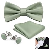 Yuwnd Fliege Salbeigrün, Fliege Grün mit Einstecktuch Grün Manschettenknöpfe Set, Klassische Elegantes Einfarbig Verstellbare Herren Fliegen Seidenfliege für Hochzeit Abendpartys