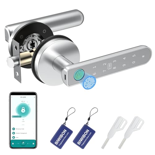 BIWIBON Fingerprint Door Lock – Fingerprint Door Knob with 5 Unlock Options, Anti-Peep Code, Adjustable Auto-Lock, Inside Lock, for Home, Office, Apartment, Bedroom – Silver CA02