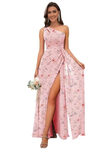 Image of OFEECHUN Women's Chiffon One Shoulder Bridesmaid Dresses Long Pleated Formal Evening Gowns with Slit