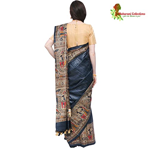 Pure Bhagalpur Tussar Silk Saree (Silk Mark) - Slate Blue with Madhubani Hand Painting