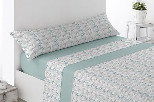 HaraDeco Juego de Sabanas 3 Piezas - Poliéster Microfibra Tacto Satén- Sábana Bajera, Sábana Plana y 1 Funda de Almohada Larga, Sábana Estampada para Verano (Benali Verde, Cama 150x190/200cm+28cm)