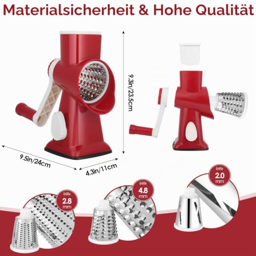 Dreamhigh Käsereibe mit Kurbel, Gemüseschneider 3 Edelstahl Austauschbaren Trommelklingen, Manuelle Trommelreibe, Gemüsehobel… – Ansicht 6