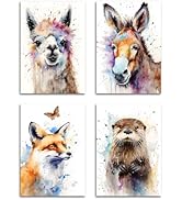 CXHOSTENT Watercolor Animals Canvas Wall Art set of 4 Cute Donkey Alpaca Otter Fox Picture Prints...