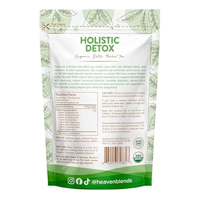 Heaven Blends Organic Holistic Detox Tea USDA Organic - Spearmint, Dandelion, Burdock, Milk Thistle Seed, Fenugreek & Yellowdock Root sugar free, caffeine free, and gluten free. 30 Sachet