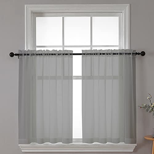 Image of Chyhomenyc Sheer Window Curtains Tier 2 Pieces Set, 36 inch Length, Short Dining Curtains Window Treatment for Small Windows /Bathroom /Cafe /Living Room, Rod Pocket, Charcoal Grey