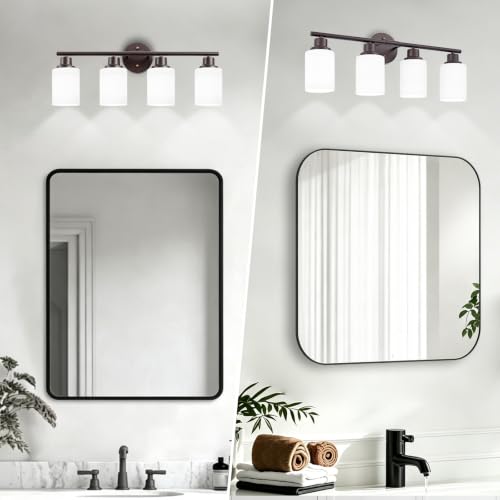 Image of 4-Light Bathroom Light Fixtures, Vanity Lights for Mirror with Textured Milky White Glass Shade, Modern Kitchen Light Fixtures Wall Sconce Light - E26 Base - Oil-Rubbed Bronze