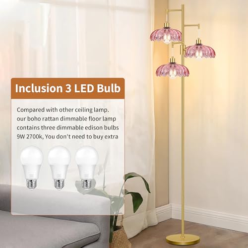 Image of ZECOXOL Gold Floor Lamps for Living Room-3 Light Dimmable Floor Lamp with Three Bulbs & Glass Lampshape, Mid Century Modern Standing Lamp Tree Tall Flower Floor Lamp for Bedroom Living Room,Corner