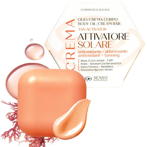 Senso Naturale Attivatore Solare Solido Olio Corpo Crema per Abbronzatura, Prepara la Pelle all’Esposizione Solare, Antiossidante e Stimolante con Olio di Argan, 100% Naturale, Vegano, Biologico