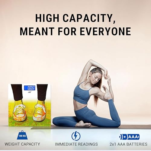 Image of ANT Flora Sports Digital Bathroom Weighing Scale, 180 kg Capacity, High Precision Sensors, Wide LCD Display, 5 mm Tempered Glass Body Weight Machine for Home & Gym with 30 Months Warranty