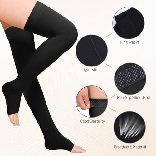 Image of Athbavib Thigh High 20-30 mmHg Compression Stockings for Women, Medical Graduated Compression Socks for Men Circulation with Silicone Dot Band for Athletic, Travel Use