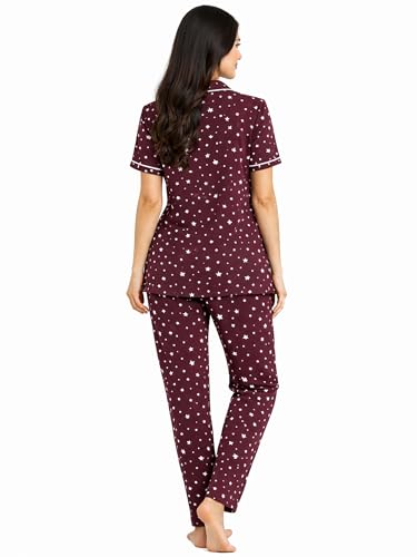 Image of Kuchipoo Women's 100% Cotton Nightwear Pajama Set | Printed Half Sleeve Button-Down Top & Full Length Pyjama | Soft Comfortable Sleepwear