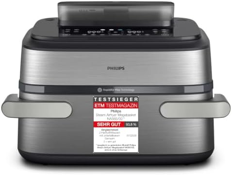 Philips Steam Airfryer 5000 Megabasket Heißluftfritteuse, Silber, 9,5 L | Megabasket oder 2 Körbe (3L+6L), Korbtrenner, Dampfgaren & Frittieren, 28 Kochfunktionen, HomeID App (NA56