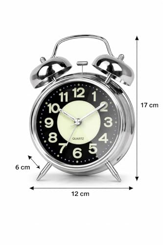 Image of Alarm Clock Analog Table Clock with Twin Bell Design and Numbered Dial, Desktop Timepiece (Silver Radium Luminous Alarm Clocks)