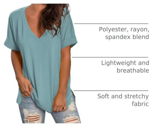 Image of Sampeel Women's V Neck T Shirts Casual Rolled Short Sleeve Side Split Summer Tops Loose Fit