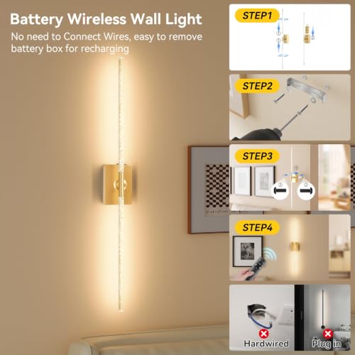 Image of Battery Operated Wall Sconces Set of 2, Remote, 10000mAh, Gold, Bubble