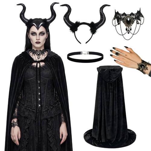 Amycute Halloween Kostüm Damen Teufel Set - Böse Königin Umhang mit Kapuze Dämonenhorn Haarband für Karneval Maskerade Cosplay