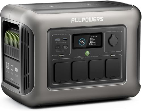 ALLPOWERS R1500 Estación de energía portátil 1152 Wh batería 1800W (pico 3000W) LiFePO4 Generador Eléctrico Portátil CA salida Emergencia móvil para jardín, fiesta, viajes, camping, autocaravana
