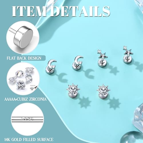 Dochais Flat Back Stud Earrings for Women and Men, Hypoallergenic 14k Gold Plated 925 Sterling Silver Post Stud Earrings Set, Gold and Silver Earrings with Screw for Sensitive Ears, Ideal for Helix, Tragus, and Cartilage Piercings2
