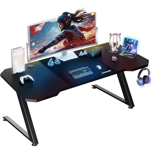 LUCKRACER Gaming Tisch, Gaming Schreibtisch, 120 x 60 cm, Gamer Computertisch, Ergonomischer PC Schreibtisch, Gaming mit Kohlefaseroberfläche, Getränkehalter und Kopfhörerhalter, Schwarz