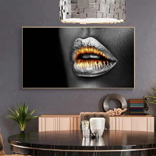 Pintura de labios dorados abstractos de lujo en lienzo de pared moderno de 50x100 3
